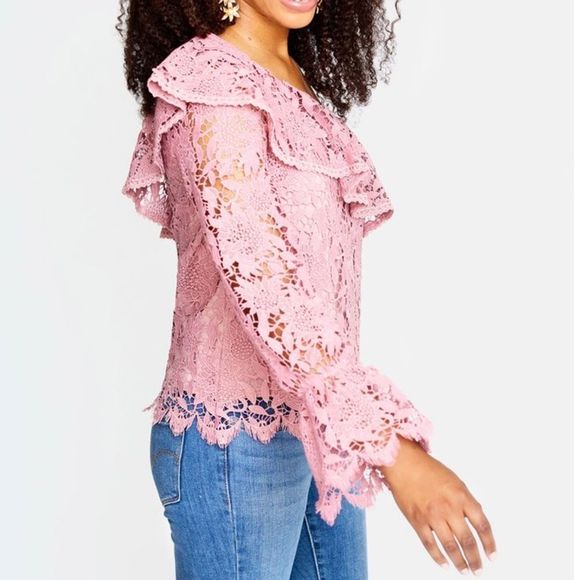 J.O.A. Pink Lace Statement One Sleeve Blouse NWT Size L - Picture 3 of 8